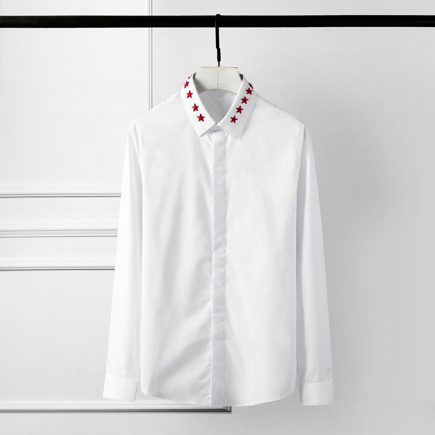 Heren overhemd luxe rode vlag vijf sterren klinknagel lange mouwen heren overhemden zwart wit casual overhemden man plus size 4xl: Wit / Xxl