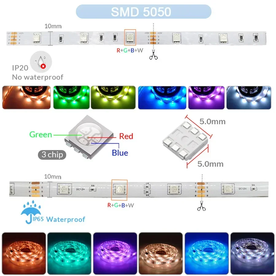 Tira de luces Led Rgb, cintas adhesivas impermeables para exteriores, 12V, 5050, 5M, 10M, 15M, 18/30/60 Led/M, cadena de hielo, decoración de luz para habitación