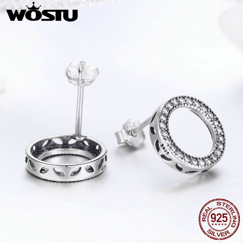 WOSTU Top 925 Sterling Silver Simple Round Circle Stud Earrings for Women Wedding Engagement Silver Jewelry FIE417