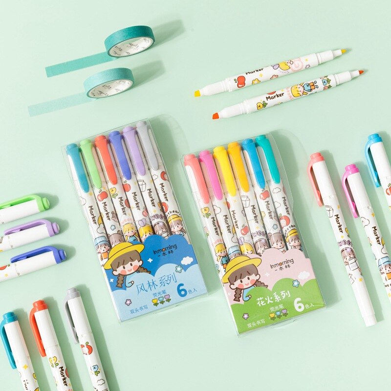 Juego de rotuladores bonitos para chica, rotuladores de doble punta para escribir, pintar y dibujar, para el colegio y la Oficina, H6910, 6 uds.
