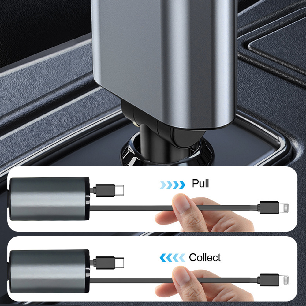 70 W snelle autolader, 4-in-1 intrekbare autotelefoonopladeradapter, intrekbare kabels USB-C en 2 USB-poorten autolader