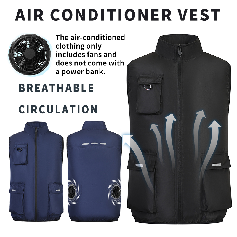Koelende airco-werkkleding: Vest met grote zakken en USB-ventilator voor continue koeling in warme buitenwerkomgevingen