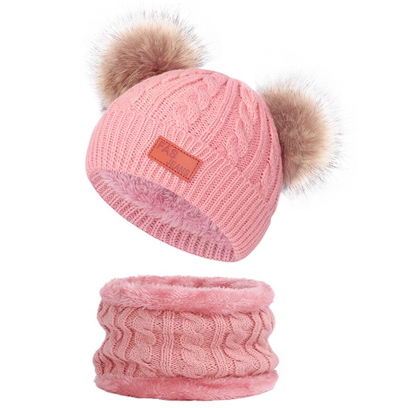 Søde børns strikket hat og tørklæde hat beanie-cap pompom furry ball baby hatte strikket nyfødt baby hat beanie pompom-cap: Mørkrosa
