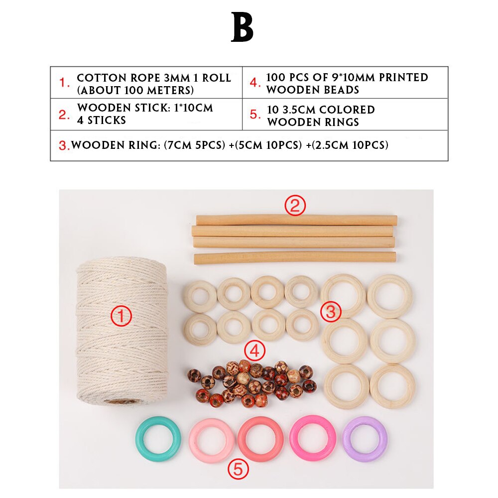 Diy Macrame Cord Kit Natuurlijke Katoenen Touw Met Houten Ringen Kralen Houten Stok Voor Diy Bijtring Macrame Kit Muur Opknoping plant Hanger: B