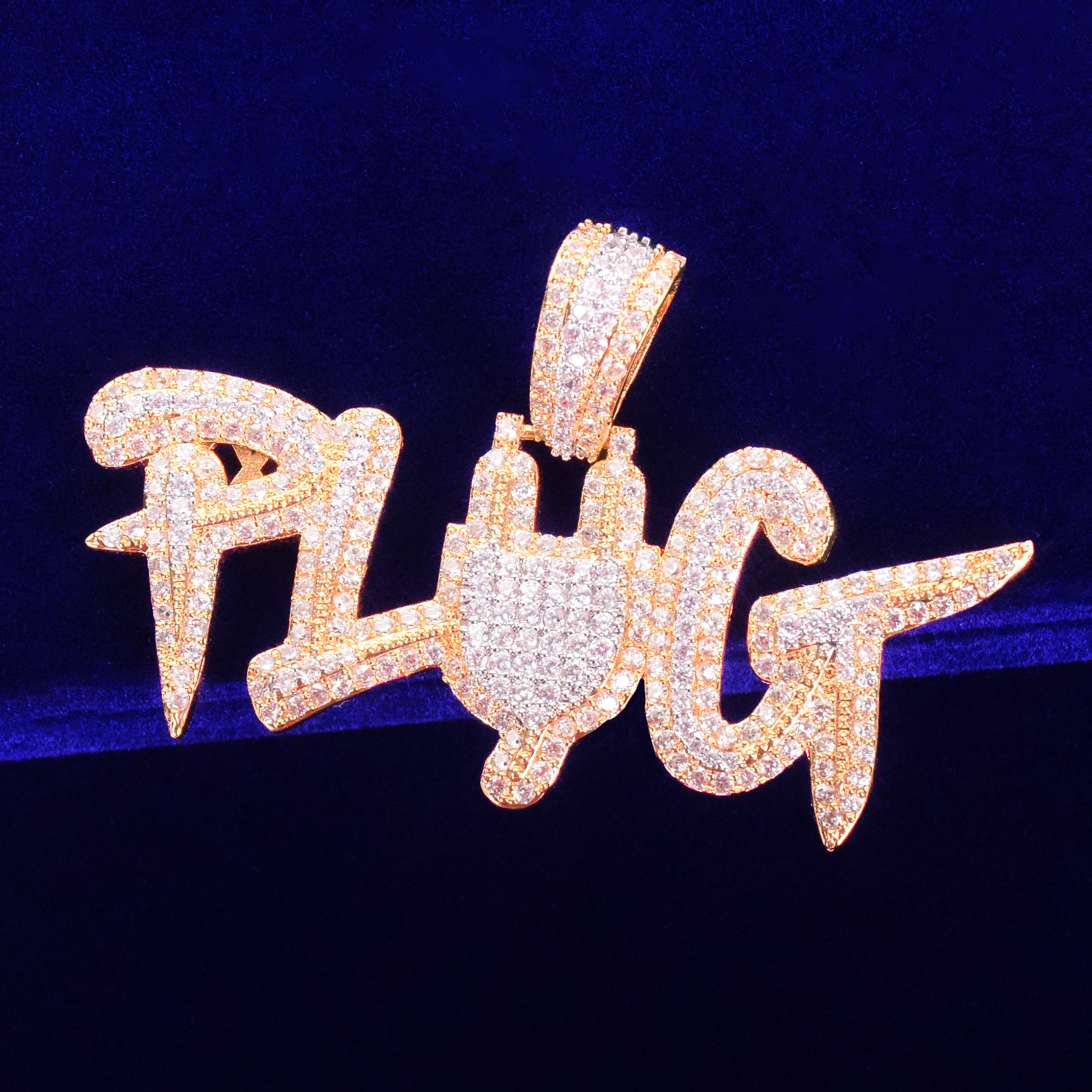 Plug Letter Pendant Micro Pave Finish Hip Hop Necklace Men&#39;s Jewelry