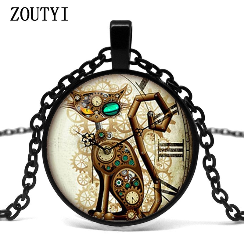 hotSteampunk kat hanger steampunk horloge ketting verzilverd hanger steampunk ketting: Black