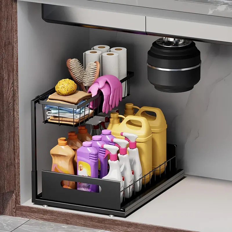 Organizadores y almacenamiento debajo del fregadero de 2 niveles con cajón deslizante, estante de baño multiusos, organizador para almacenamiento de cocina y baño: Amarillo claro