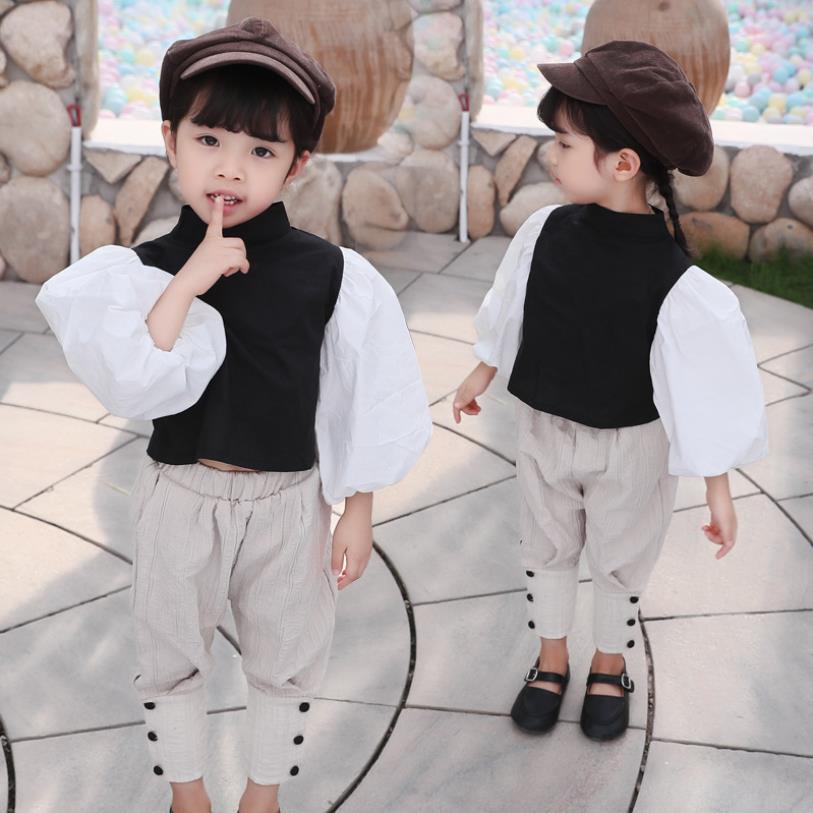 Camisas negras de manga abombada para bebés, tops bonitos de algodón para niños, blusas para niños pequeños, prendas de vestir exteriores, ws1092