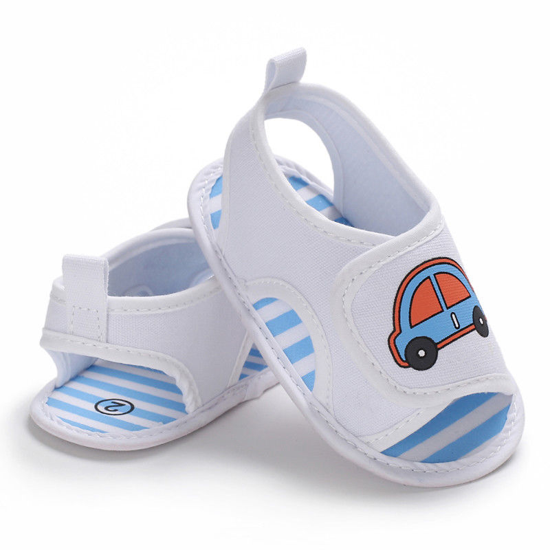 Pasgeboren Baby Jongens Meisjes Zomer Sandalen Leuke Cartoon Auto Print Soft Sole Crib Schoenen Klompen Peuter Prewalker Sandalen Schoenen: WHITE / 7-12 Months