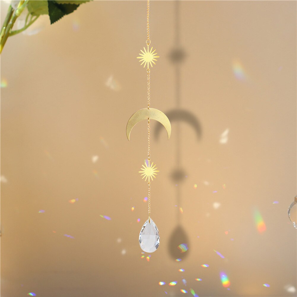 Crystal Wind Chime Star Moon Pendant Geometric Sun Catchers Gold Plated Hanging for Garden Window Wedding Curtain Decor