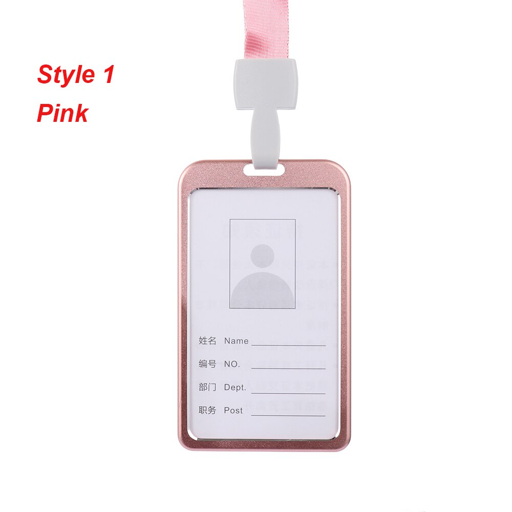 1PC Work Card Holders With Rope Aluminum Alloy Multi colored Employee Name ID Card Cover Metal ID Business Case Work Certificate: style 1 pink