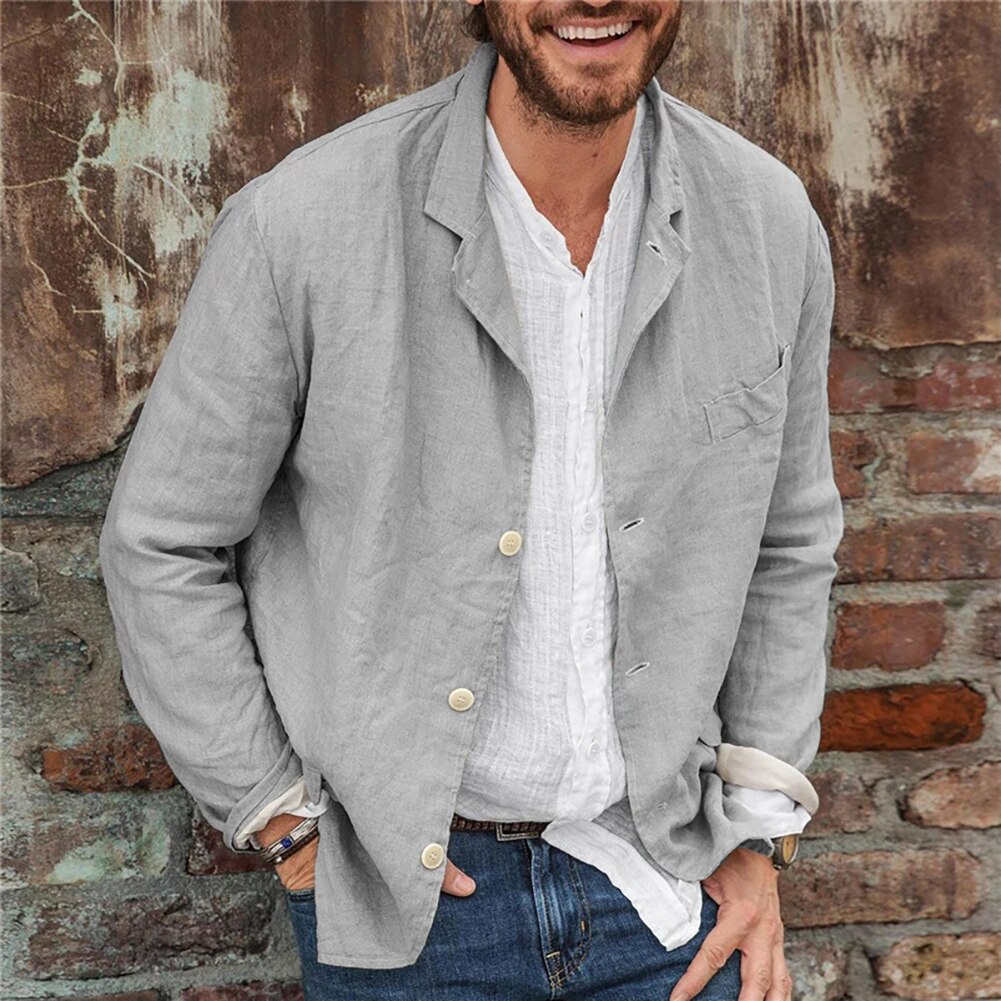 Blazer à manches longues en coton et lin pour homme, veste à simple boutonnage, manteau, vêtements