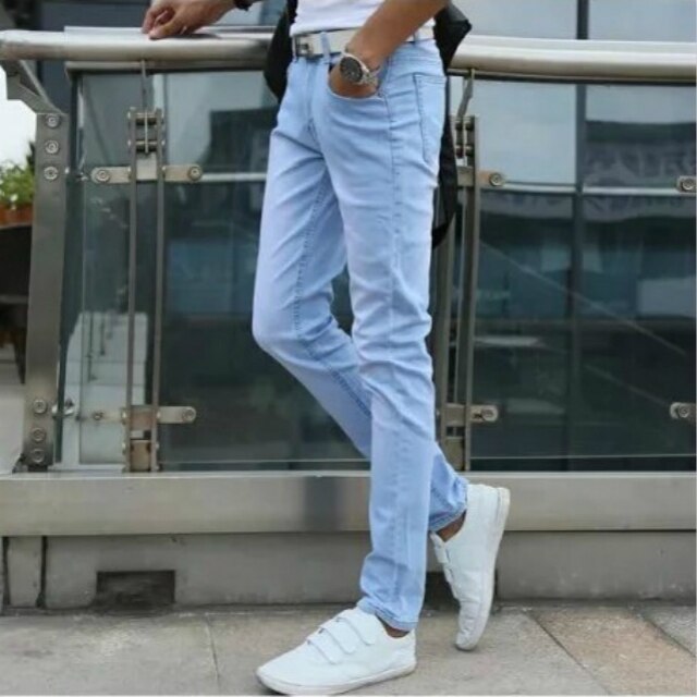 Skinny Jeans Men Blue Slim Fit Korean Style Leisure Chic Retro Solid Denim All-match Hip Hop Male Trousers