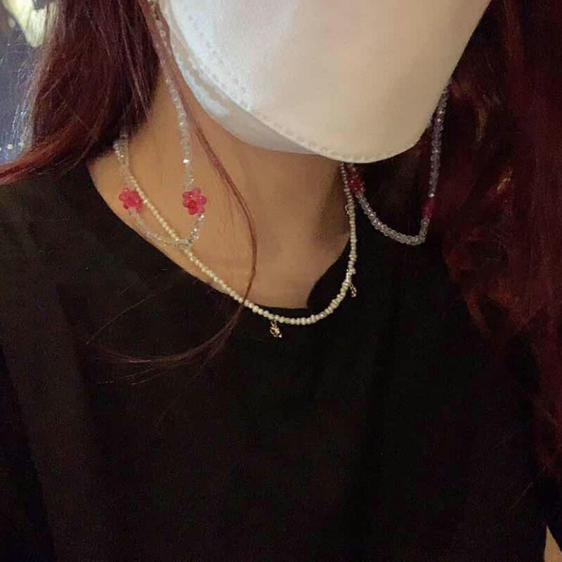 AOMU Neue Süße Bunte Blumen Klar Kristall Halskette Maske Kette Gläser Halfter Gurt Schlüsselband für Frauen freundlicher Zubehör