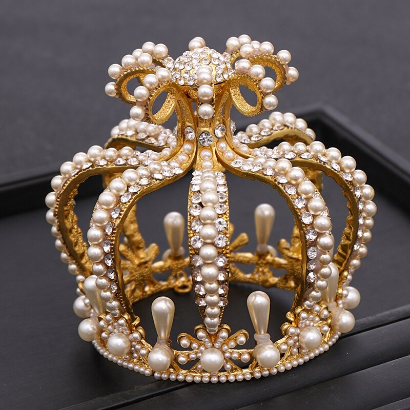 Coroa de noiva, endereço de cabeça de noiva com cristal barroco coroa de pérolas dourada coroa redonda queen tiara festa de aniversário acessórios de casamento