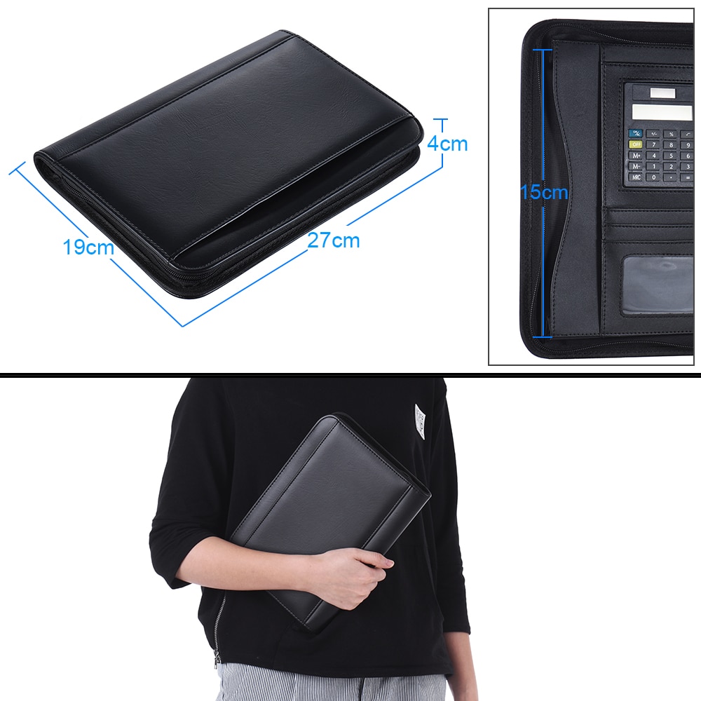 Padfolio Folder A5 PU Leather Business Document Case Organizer Zippered Closure with Calculator Card Holder Memo