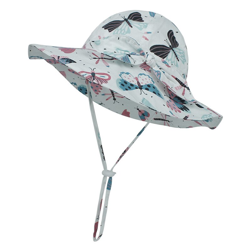 Babymeisjes grote rand bedrukte emmerhoed baby katoenen zomer strik buiten verstelbare koord pet zonnehoed rozet bleekmiddel hoed: Vlinder / 50cm
