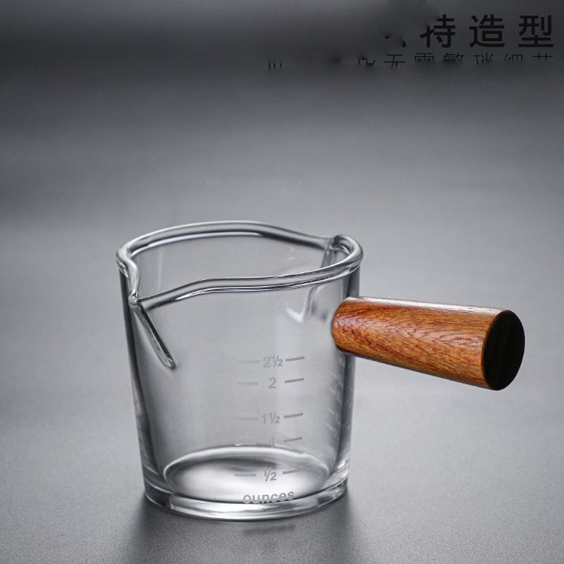 70/75ml hitzebeständigen Glas Espresso Messbecher Doppel Mund Glas Milch Krug Mit Holz Griff Glas skala Maßnahme Tassen