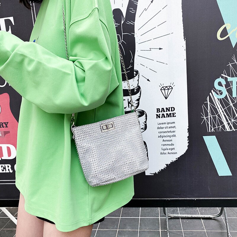 Diamanten Crossbody-tasche Für Frauen Neue PU Leder Elegante Schulter Taschen Kette Sommer Dame Eimer Umhängetasche