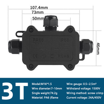 IP68 Outdoor Waterproof Junction Box – Black, 3 Way Mini Connector Box with PC Plastic and Terminal, for Buried Wires: MULTI