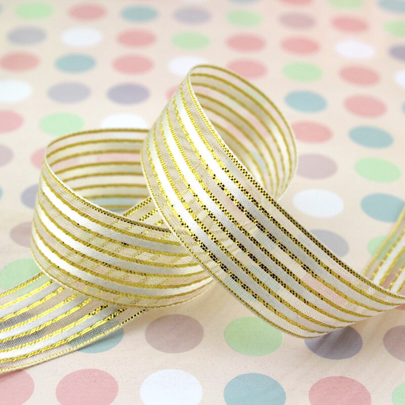 (25 yards/roll) 15mm White gold stripe packaging ribbon wedding shiny ribbons