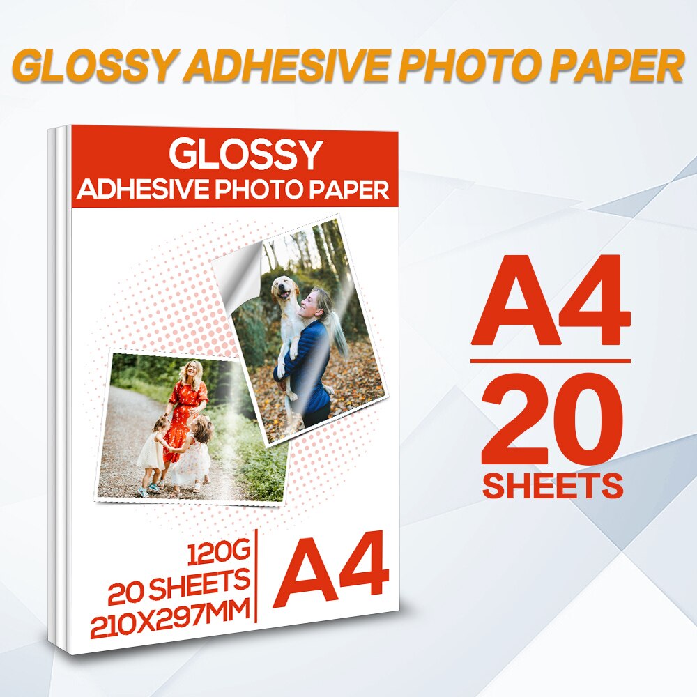 Papel fotográfico adhesivo brillante A4, autoadhesivo de alta luminosidad, impresión de inyección de tinta para impresora de inyección de tinta, suministros de oficina para la familia, 20 hojas: Glossy 20 Sheets