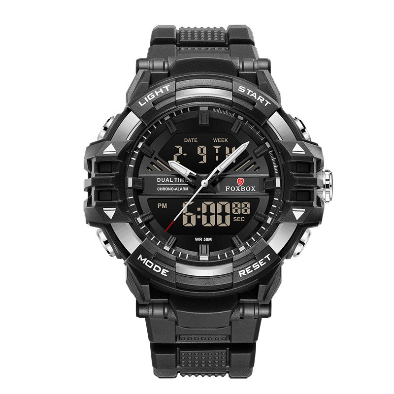 Foxbox Digitaal Herenhorloge Waterdicht Horloge Led Quartz Dual Display Horloge Sport Heren Eenvoudige Mode Daily Wear Reloj Hombre: Zilver