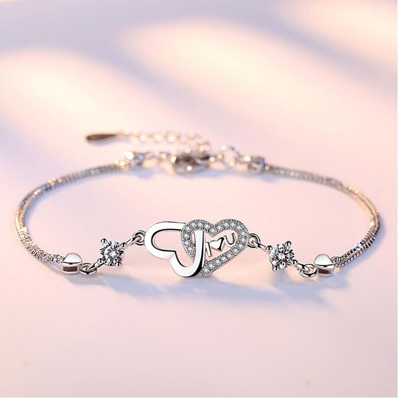 Anenjery Zilver Kleur Eeuwige Liefde Hart Zirkoon Double Layer Ketting Armband Voor Vrouwen Pulseira Feminina S-B47: white