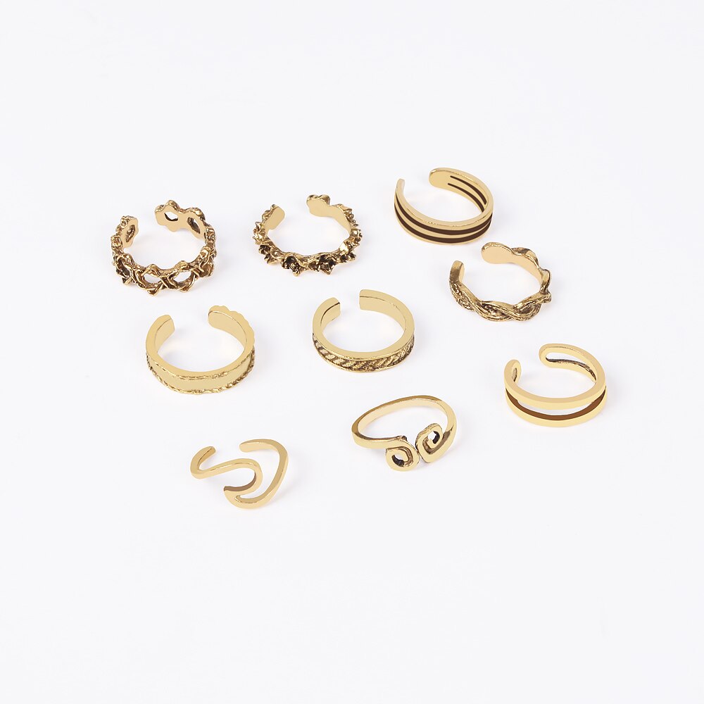 7Stck Jahrgang Hohlen Geschnitzt Sterne Mond Kappe Ringe Bausätze Böhmischen Einstellbare Öffnen Finger Ring für Frauen Boho Strand Fuß Ring Schmuck: Gold