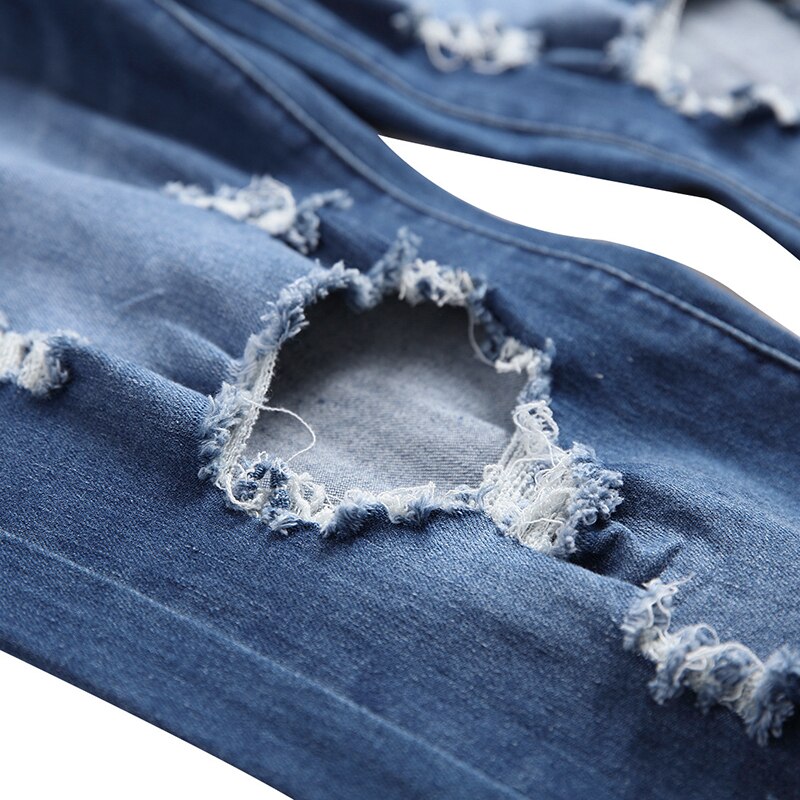 Gersri Mens Biker Demin Jeans Stretch Destroyed Ripped Cowboy Pants Printed Pocket Soft Skinny Hole Jean For Male