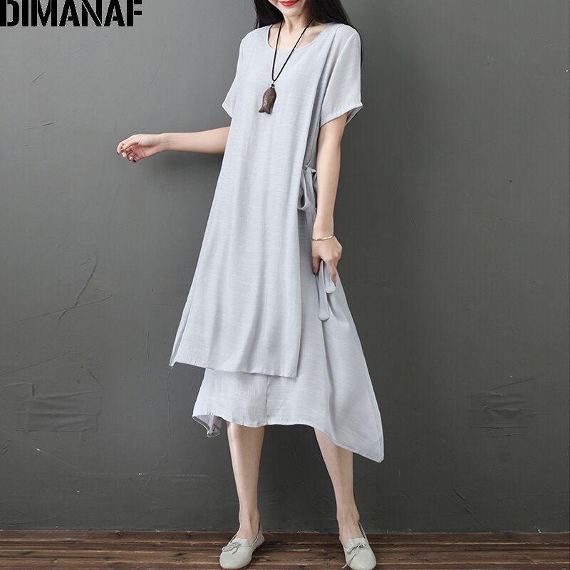 DIMANAF-vestido MIDI holgado informal de algodón y lino para verano, traje holgado Estilo Vintage para mujer, talla grande,