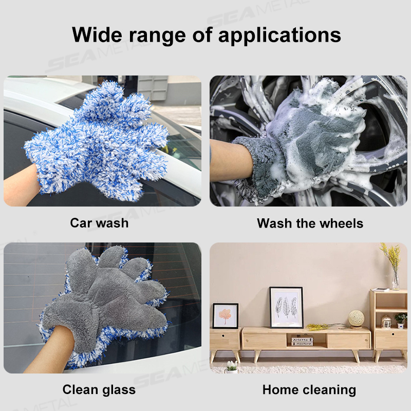 SEAMETAL Plush Car Wash Gloves Microfiber Thicked Cleaning Mitt Double-sided 5 Finger Soft Car Washing Glove Wipe Drying Mitts