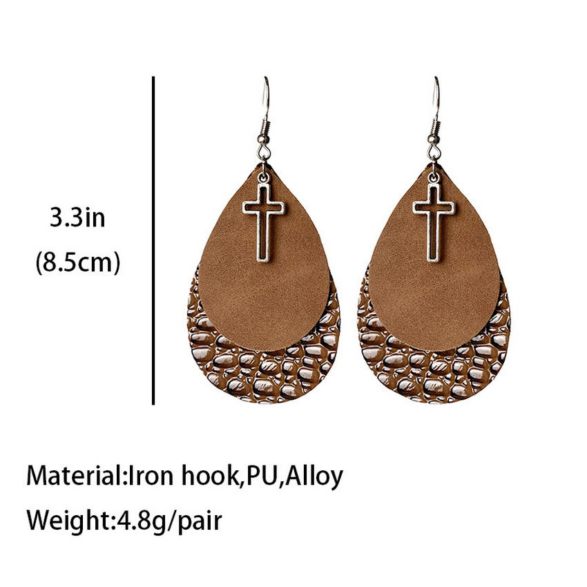 Pendientes de imitación de cuero en forma de lágrima para mujer, aretes con de Cruz de Metal, estilo occidental, Art Deco,