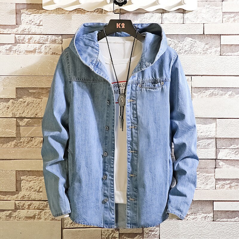 Men's Autumn Style Hooded Denim Jacket Youth Casual Solid Color Stand Collar Denim Jacket