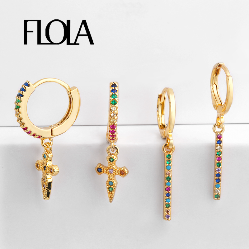 FLOLA Rainbow Gothic Cross Earrings Gold Tiny Stud Bar Earrings Aretes De Moda Huggie Jewelry Woman Cheap Stud Earrings ersq30