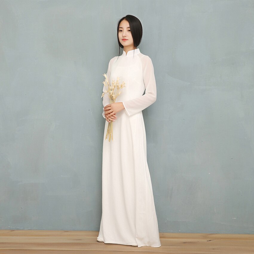 Vestido blanco liso de gasa para mujer, Cheongsams chinos de manga larga, estilo Oriental, 2022