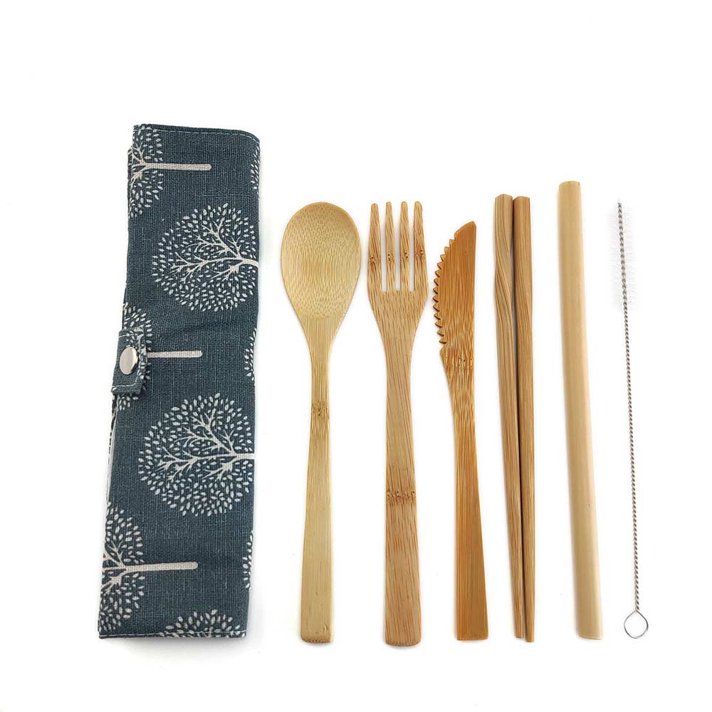 Eco Friendly Bamboo Cutlery Set of Wooden Utensils with Reusable Bamboo Spoon, Fork, Knife,and Reusable Straw Cleaner For Travel