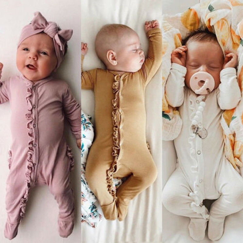 Newborn Baby Boy Girl Autumn Clothes Long Sleeve Romper Headband Sleepwear Pyjamas Babygrows