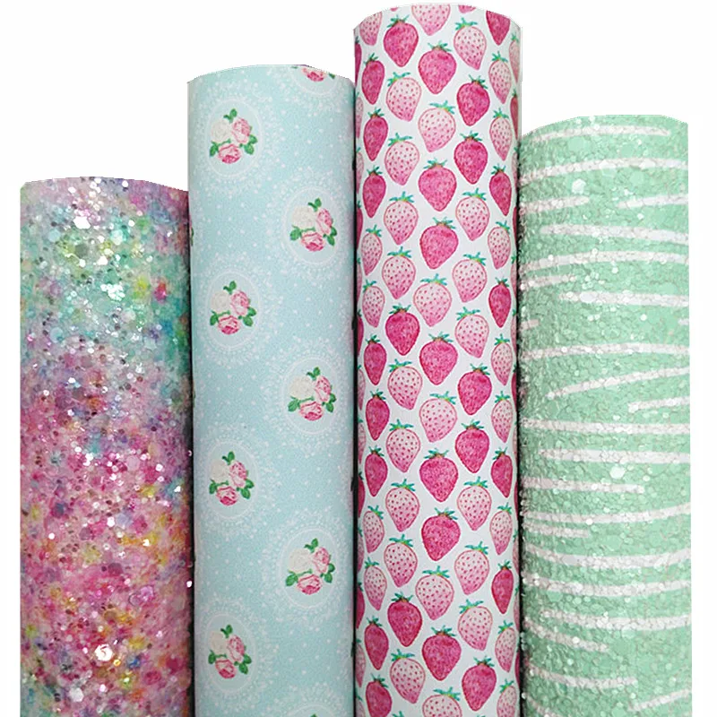Brush Strokes Custom Glitter Leather Sheets Strawberries Flowers Printed Synthetic Leather Fabric Sheet For Bows 21x29CM Q1246