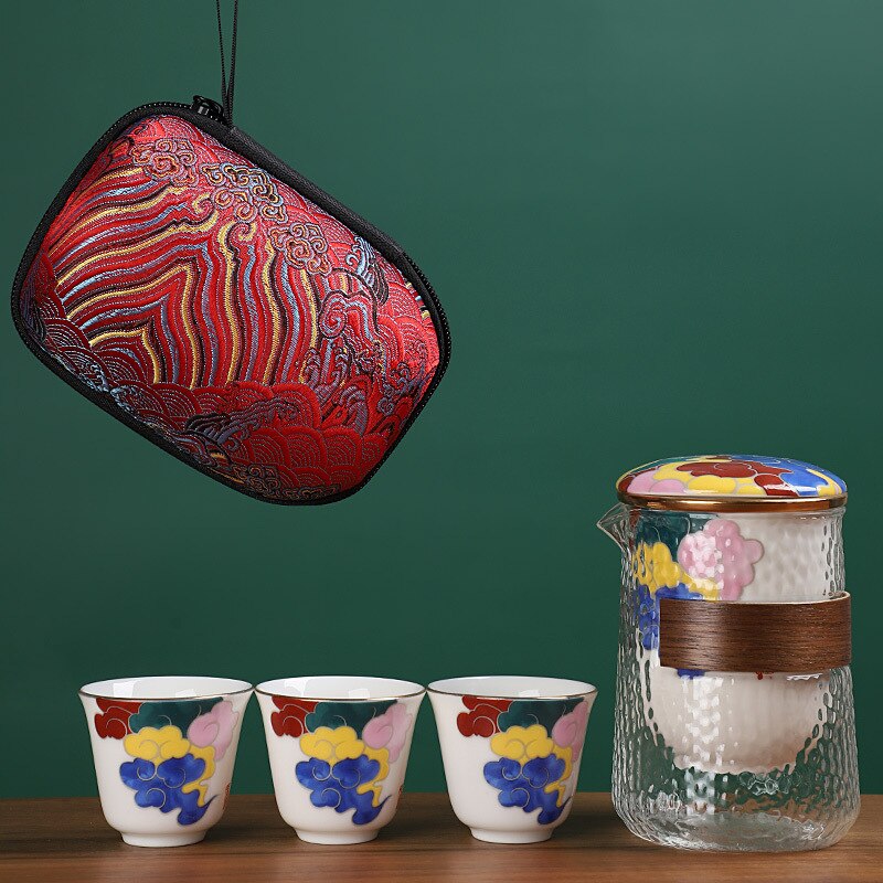Portable Ceramic Kung Fu Tea Set One Pot and Three Cups Glass Travel Tea Set Japanese-style Hand Painted Home Tea Set Supplies: A--4-piece set