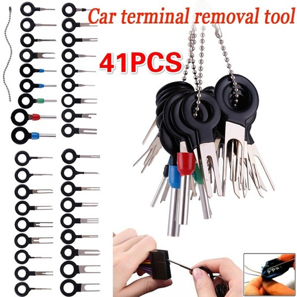 Set van 41 stuks draadklemverwijderingsgereedschap voor elektrische bedrading van auto's, krimpconnector, pinontgrendelingsextractor, trekker en naaldverwijderaar.