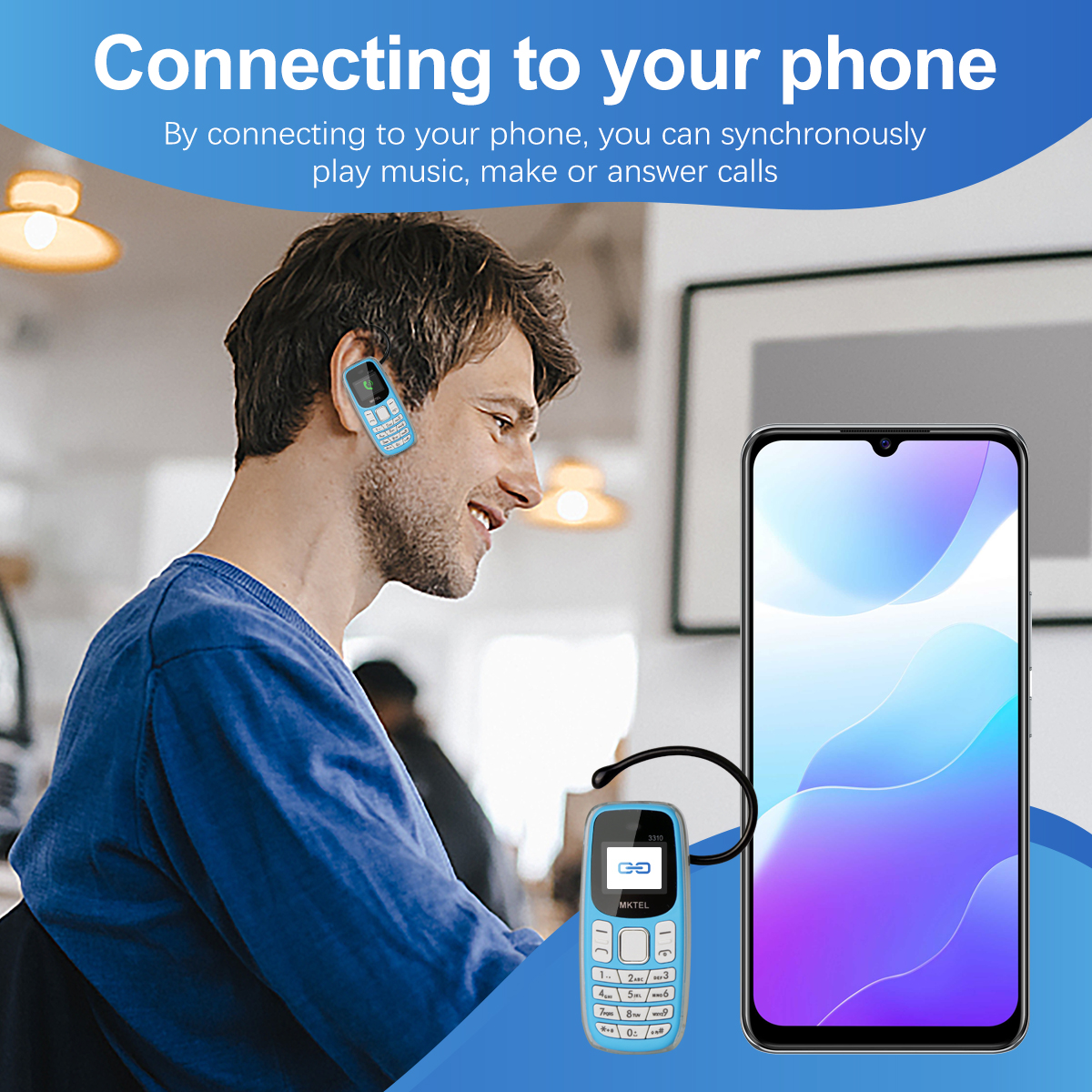 Mktel 3310 mini funktionstelefon med ørekrog, dobbelt sim-kort, dobbelt standby,  mp3/mp4/ fm-radio/bluetooth/gprs