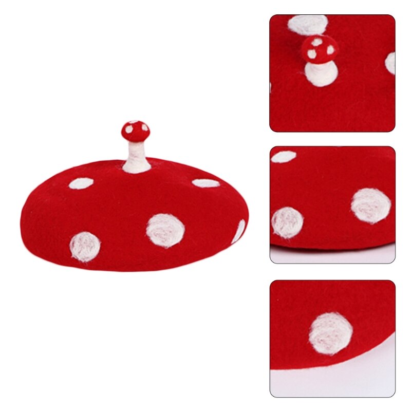 Vrouwen Kids Novelty Leuke Kleine Paddestoel Rode Baret Cap Handgemaakte Faux Vilt Wol Witte Punt Vintage Schilder Beanie Hoed
