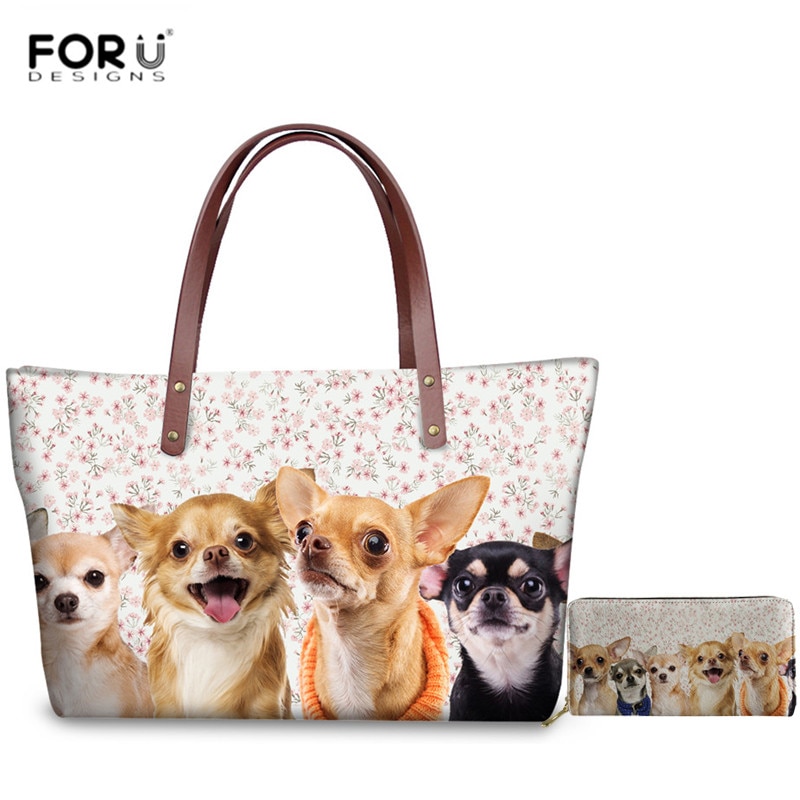 FORUDESIGNS Kawaii Chihuahua wzór Zipper torebki wysokiej jakości duże torby na ramię dla kobiet rozrywka 2 sztuk/zestaw torby na ramię