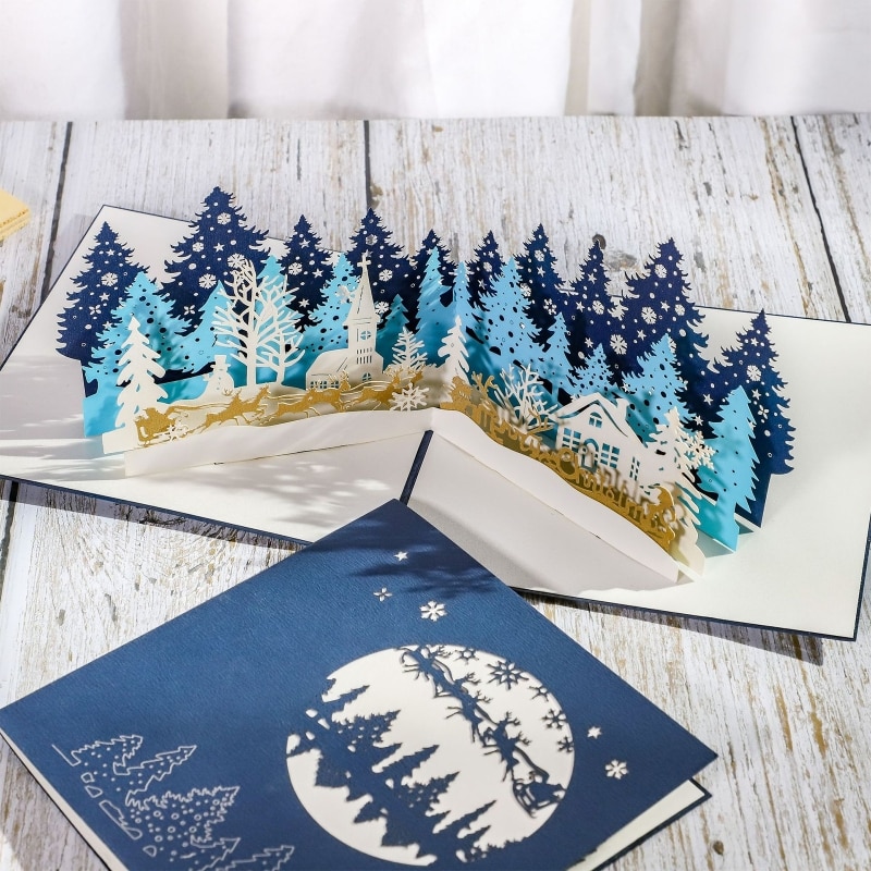Glædelig julekort 3d pop op juletræ vinter pop-up kort julepynt år lykønskningskort