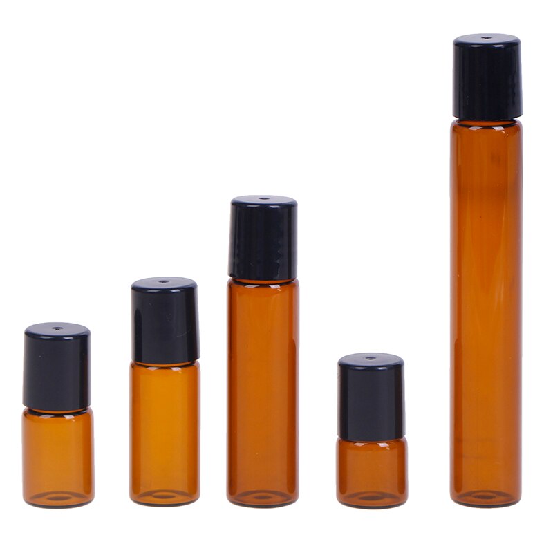 Botella de vidrio ámbar Roll On Roller, viales marrones de aceite esencial, botella de prueba de muestra con bola de Metal, 1ml, 2ml, 3ml, 5ml, 10ml, 5 unids/paquete
