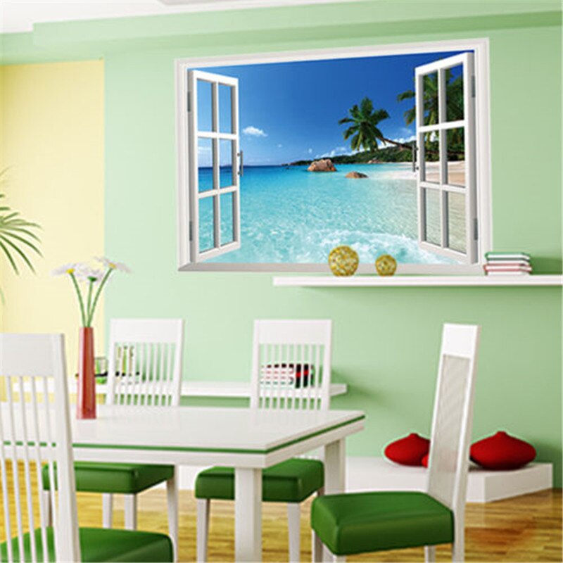 Summer Beach Wall Sticker Decor Large Removable Beach Sea 3D Window View Scenery Wall Sticker Home Decor Decals for Kids Room