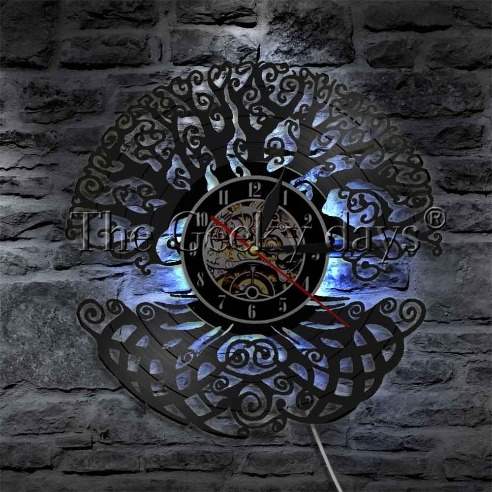 1 pièce arbre de vie géométrie sacrée Led veilleuses sacré arbre Vintage vinyle disque Longplay horloge vert vie ombre Art