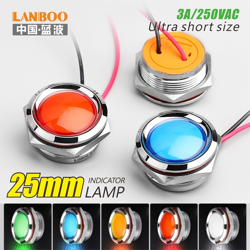 Lanboo 25mm rød grøn gul bule 12v 24v 110v 250v led metal indikator lampe indikatorlampe enkelt lampe vandtæt