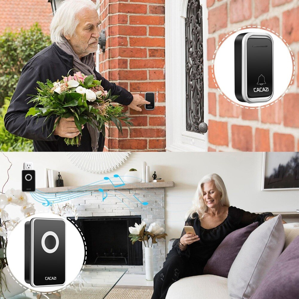 CACAZI Wireless Doorbell Waterproof 300M Remote 2 Battery Button 4 Receiver led light US EU Plug Home Cordless door bell chime